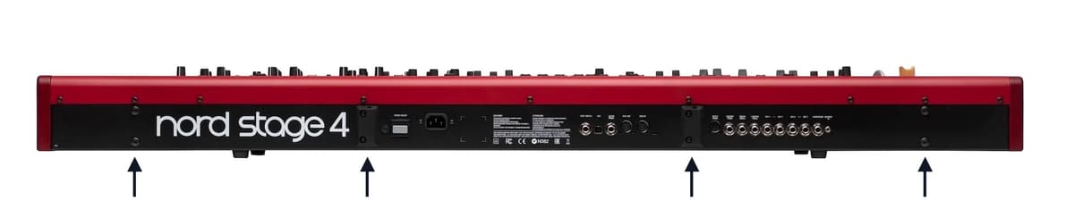 Back panel of a Nord Stage 4 with four black arrows pointing at the original mounting points.